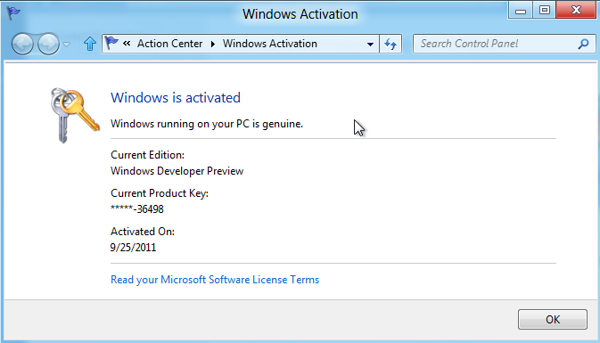Windows 8 activation result